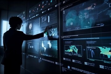 Data visualization reimagined: advisor utilizing KPI dashboard and AI on wall-sized virtual screen with business data analytics graph in futuristic office as staff looks on. artificial intelligence.
