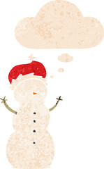 cartoon snowman and thought bubble in retro textured style