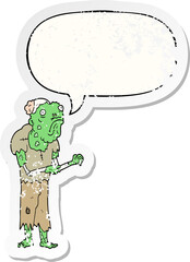 cartoon zombie and speech bubble distressed sticker