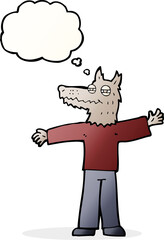 cartoon happy wolf man with thought bubble