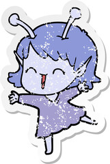 distressed sticker of a cartoon alien girl laughing