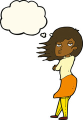 cartoon woman making photo face with thought bubble