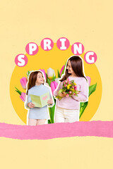 Young mother listen daughter postcard greetings hold tulips bunch spring holidays togetherness conceptual collage photo