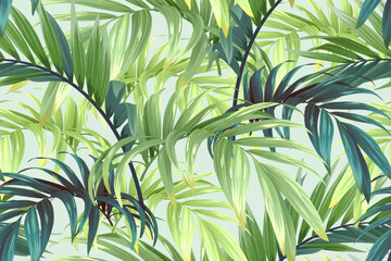 Naklejka na ściany i meble Tropical pattern with green palm leaves. Summer vector background or textile illustration.