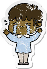 distressed sticker of a cartoon boy crying