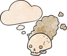 cartoon dusty old skull and thought bubble in grunge texture pattern style