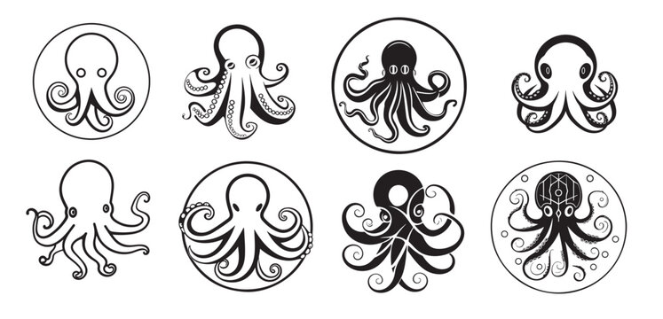Octopus set icons hand drawn sketch illustration