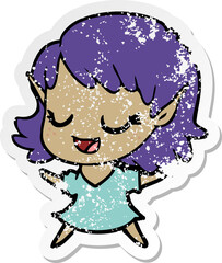 distressed sticker of a happy cartoon elf girl