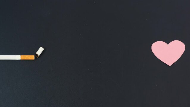 Cigarette butts form a cardiogram on a black background, cardiogram pulsation, pink heart. Сoncept of  harm of cigarettes, the effect of smoking on cardiovascular disease.