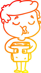 warm gradient line drawing cartoon man holding book and singing