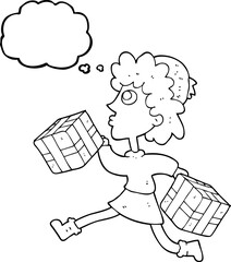 thought bubble cartoon running woman with presents