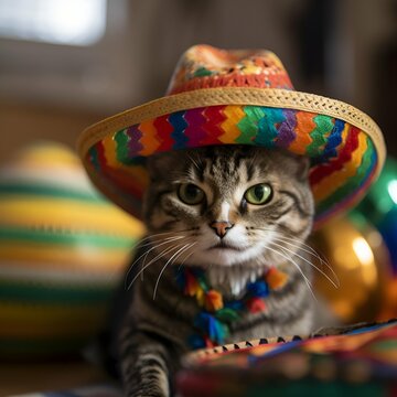 Portrait of a cute cat in a multicolored hat. Travel to Latin America postcard. AI generated content.