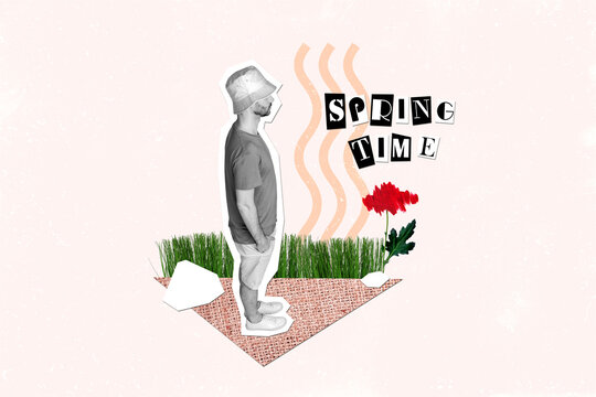 Creative abstract template graphics collage image of guy walking spring park isolated drawing background