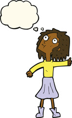 cartoon woman looking up to the sky with thought bubble