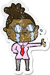 distressed sticker of a cartoon crying woman wearing spectacles