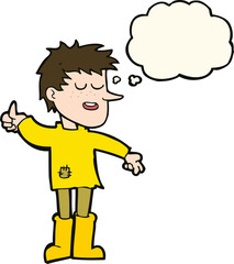 cartoon poor boy with positive attitude with thought bubble