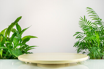 Ecological empty wooden podium on light gradient background with green leaves. Sustainable product...