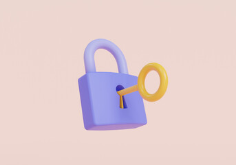Padlock with key icon minimal style isolated on pink background. . Lock. Locked padlock, restricted access, keyhole, protection privacy, safety. Security concept. 3D cartoon rendering illustration © Nostagrams