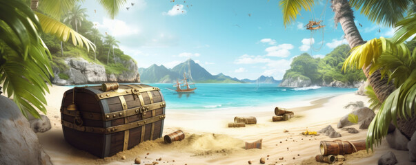 Obraz premium Tropical trees and an island beach with an unlocked pirate chest. Treasure of the Exotic Island. Generative AI