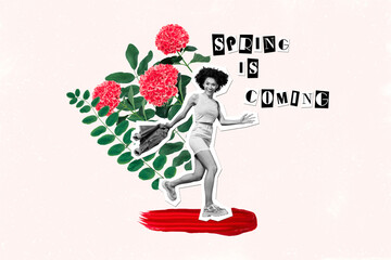 Creative 3d photo artwork graphics collage painting of happy smiling lady walking spring shopping...