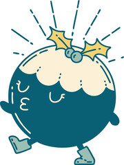 traditional tattoo style christmas pudding character walking