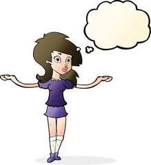 cartoon confused pretty girl with thought bubble
