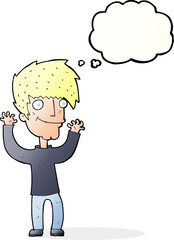 cartoon man waving arms with thought bubble