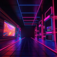 Neon Arcade Nights: 80s Retrowave Grid with Ray Tracing and Aesthetic Vibes. Generative AI