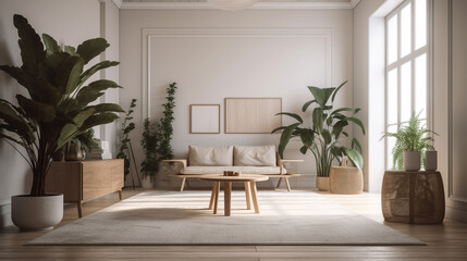 Fototapeta na wymiar Minimalist living room with furniture and potted plant. Minimalist room with bohemian styles.