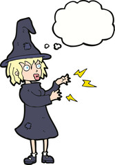 cartoon witch casting spell with thought bubble