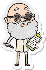 distressed sticker of a cartoon curious man with beard and sunglasses