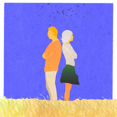 ilustracja grafika mężczyzna i kobieta odwróceni do siebie plecami na niebieskim tle. - obrazy, fototapety, plakaty