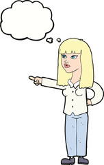 cartoon pretty woman pointing with thought bubble
