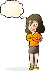 cartoon woman with crossed arms with thought bubble