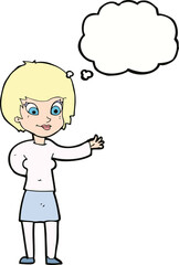 cartoon welcoming woman with thought bubble
