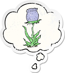 cartoon wild flower and thought bubble as a distressed worn sticker