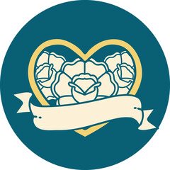 tattoo style icon of a heart and banner with flowers