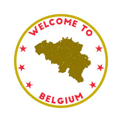 Welcome to Belgium stamp. Grunge country round stamp with texture in Imperial Red color theme. Vintage style geometric Belgium seal. Creative vector illustration.