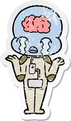 distressed sticker of a cartoon big brain alien crying