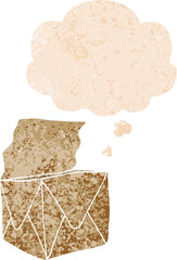 cartoon package and thought bubble in retro textured style