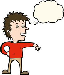 cartoon man making dismissive gesture with thought bubble