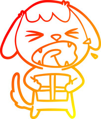 warm gradient line drawing cute cartoon dog with christmas present