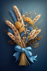 Close-up realistic bouquet ears of wheat with blue and yellow elements with blue ribbon. Generative AI