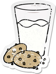 distressed sticker of a cartoon cookies and milk