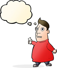 cartoon nervous man with tickets with thought bubble