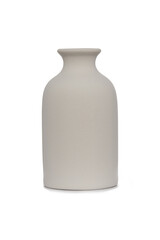 Close-up shot of a beige ceramic scandinavian vase. An empty bottle vase with a narrow neck is...