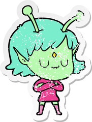 distressed sticker of a cartoon alien girl