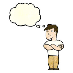 cartoon muscular man with thought bubble