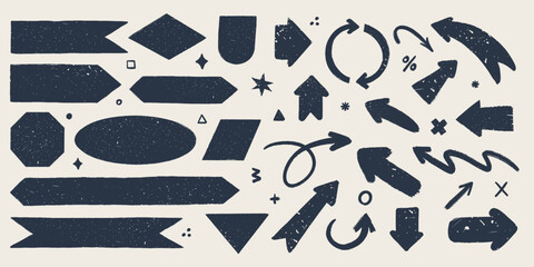 Retro flag and ribbon banners. Hand drawn vintage textured badges, banner, ribbon, flag, and other design elements. Hand-drawn infographic Vector collection.