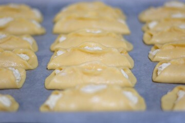 cottage cheese dough Patties with cottage cheese Thin pancakes with filling. Maslenitsa cottage cheese filling cottage cheese eggs sugar yeast dough rises on a baking sheet homemade baking